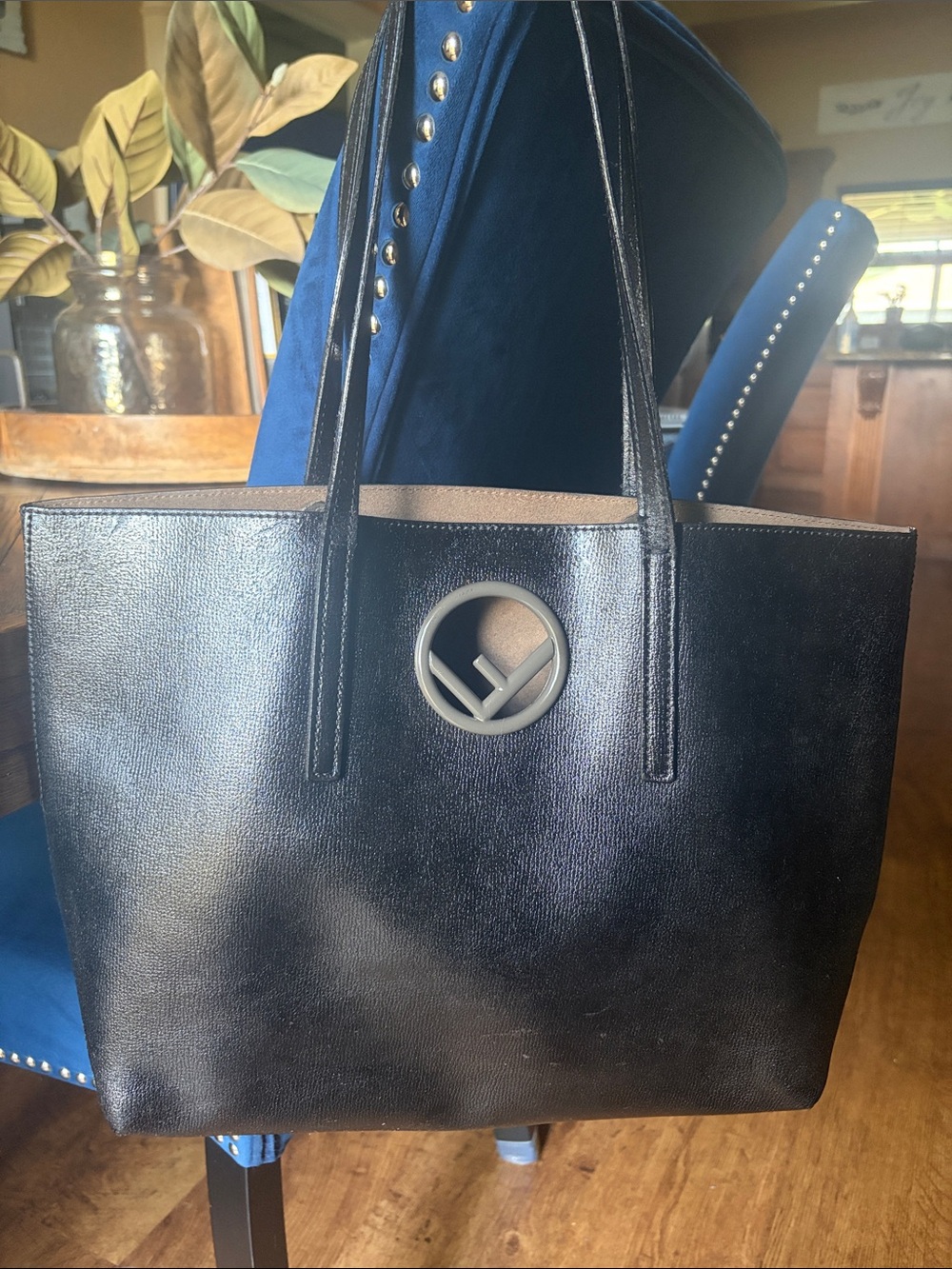 Fendi Black Leather Logo Tote with Tan Trim